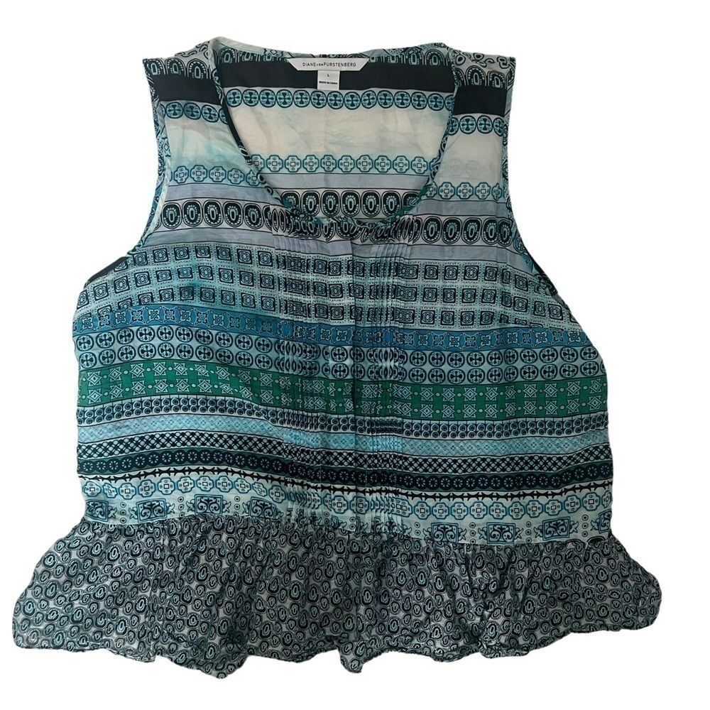 Diane Von Furstenberg DVF Silk Blend Blouse Sleeveless Ruffle Large Blue Boho